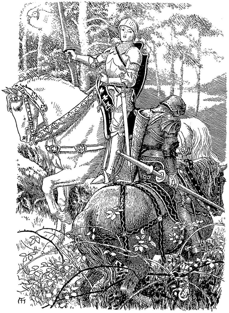 Sir Galahad in bright armour on a white horse and Sir Percivale in dull armour on a darker one meet among brambles in a forest.