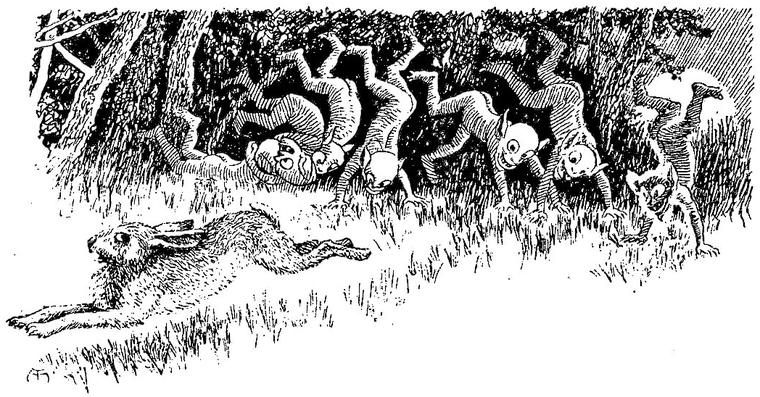 Round-eyed goblins with pointed ears walk on their hands, legs in the air, along the edge of a wood while a hare races away.