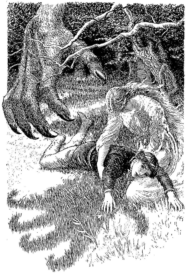 Anodos lies fallen at the foot of a tree, held from behind by the beech-tree woman, while the Ash's huge clawed hand hangs over them.