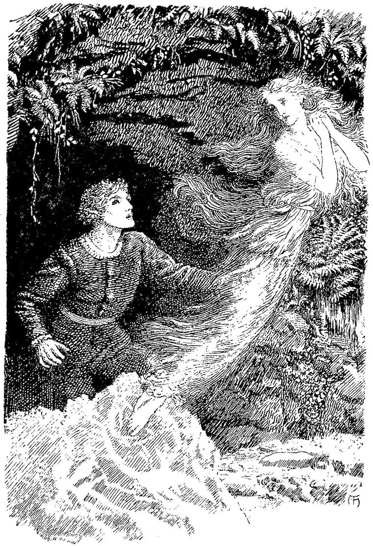 The white lady of the marble, hair and robes streaming, drifts away from Anodos, who reaches out after her from the mouth of the cave.