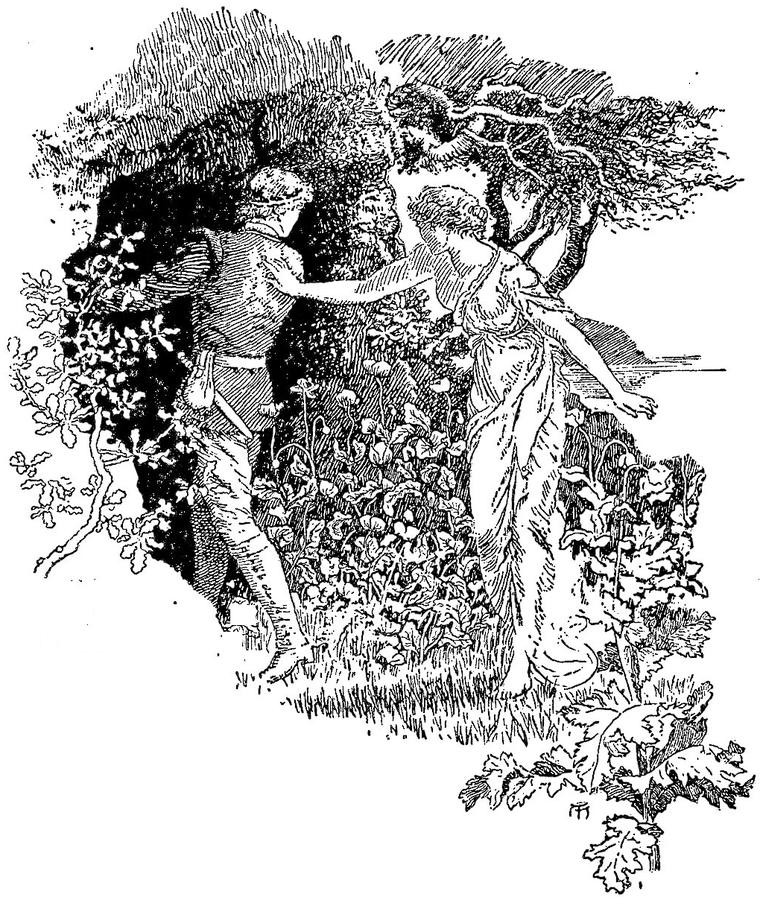 Anodos, seen from behind, reaches toward the Alder maiden, who leads him through tall flowers to a leafy cave.