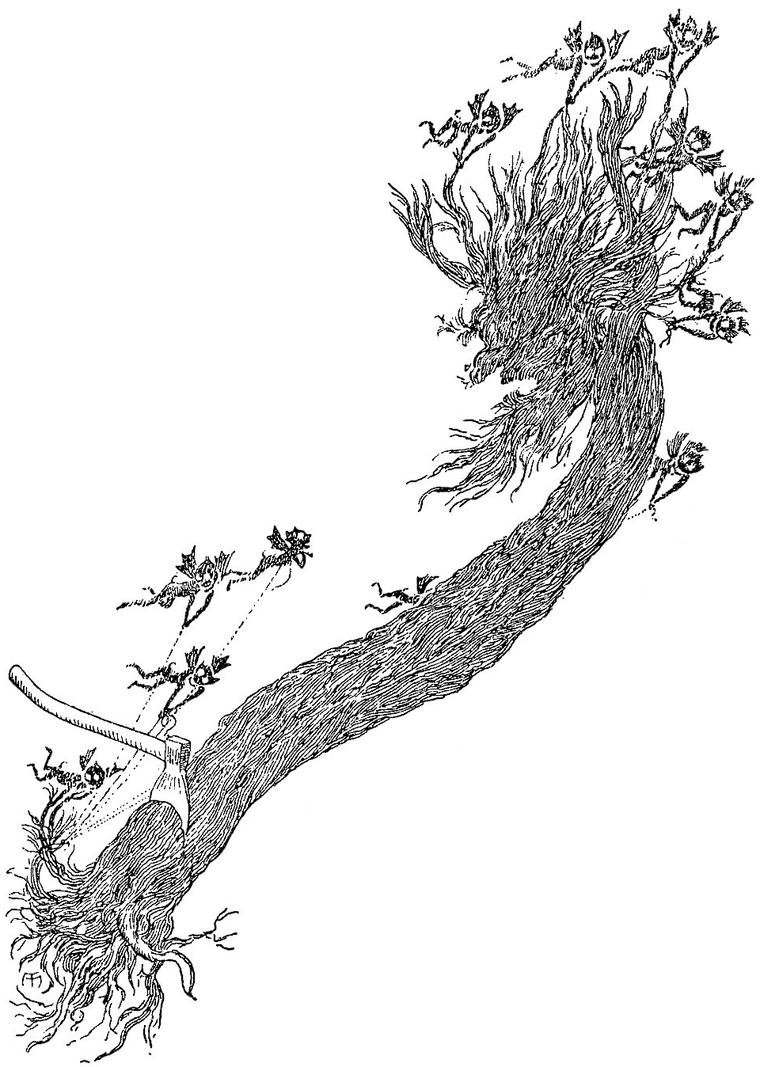 The Ash, a long crooked tree trunk, has an axe sunk into its base while tiny spiky-headed goblin figures fly around it.