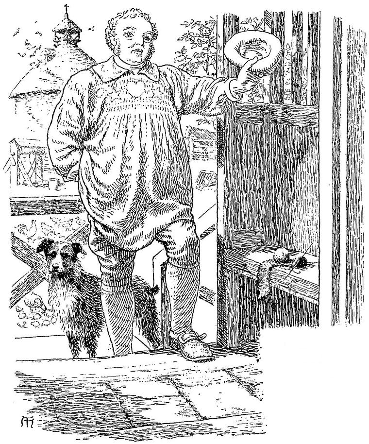 The jolly farmer, stout in a smock, stands at his door holding out his hat, a shaggy dog beside him and a farmyard behind.