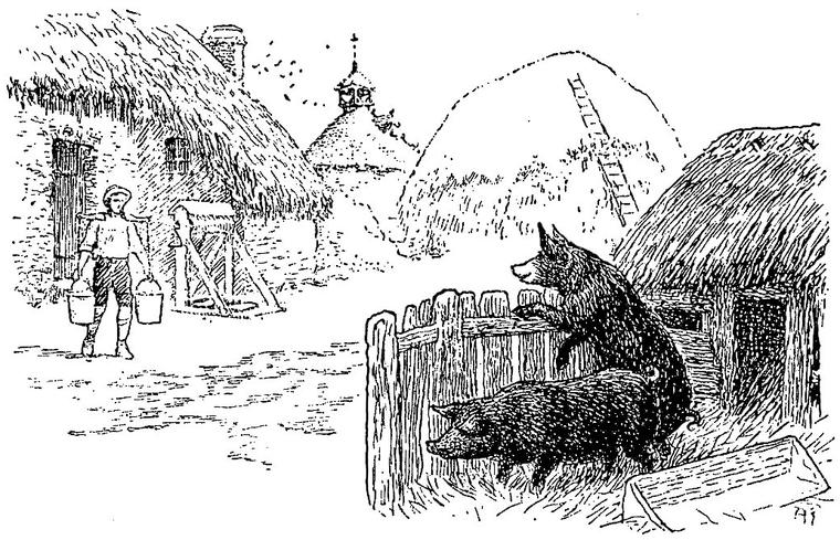 A farmhand carries two pails on a yoke through a farmyard of thatched roofs and haystacks, while two pigs look over a fence.