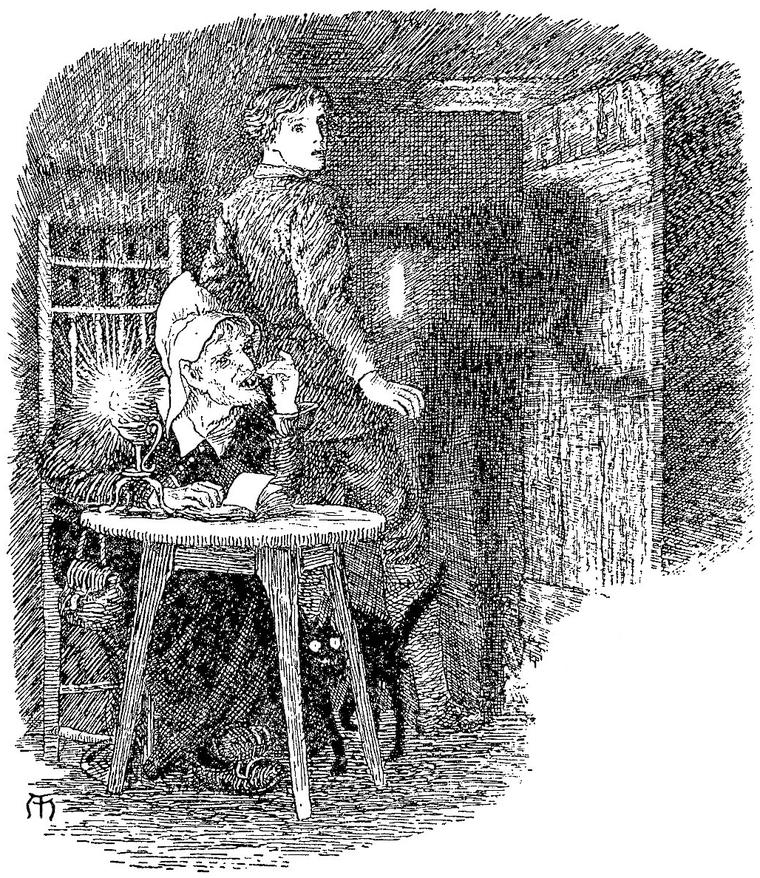 Startled, Anodos looks over his shoulder while the old woman in the cottage reads by her lamp, a black cat arching under the table.