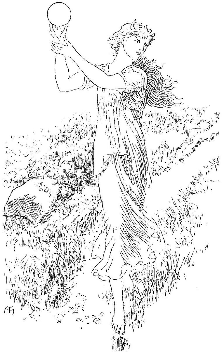 The little maiden dances through long grass, holding her crystal globe high in both hands, her hair blowing behind her.