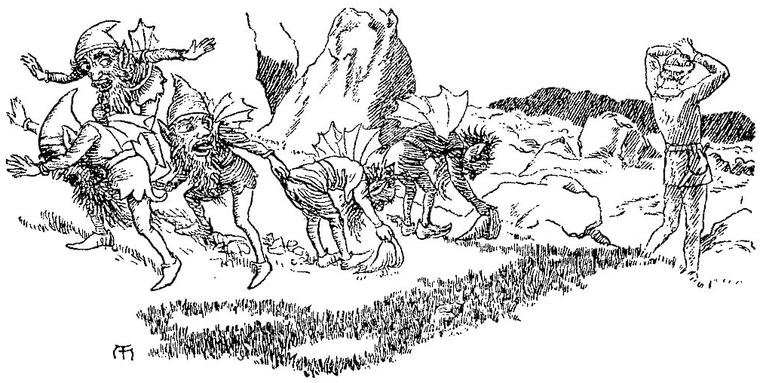 Goblins in pointed caps stoop and tumble in mock homage across a rocky waste, while one figure stands apart, hands raised to his head.