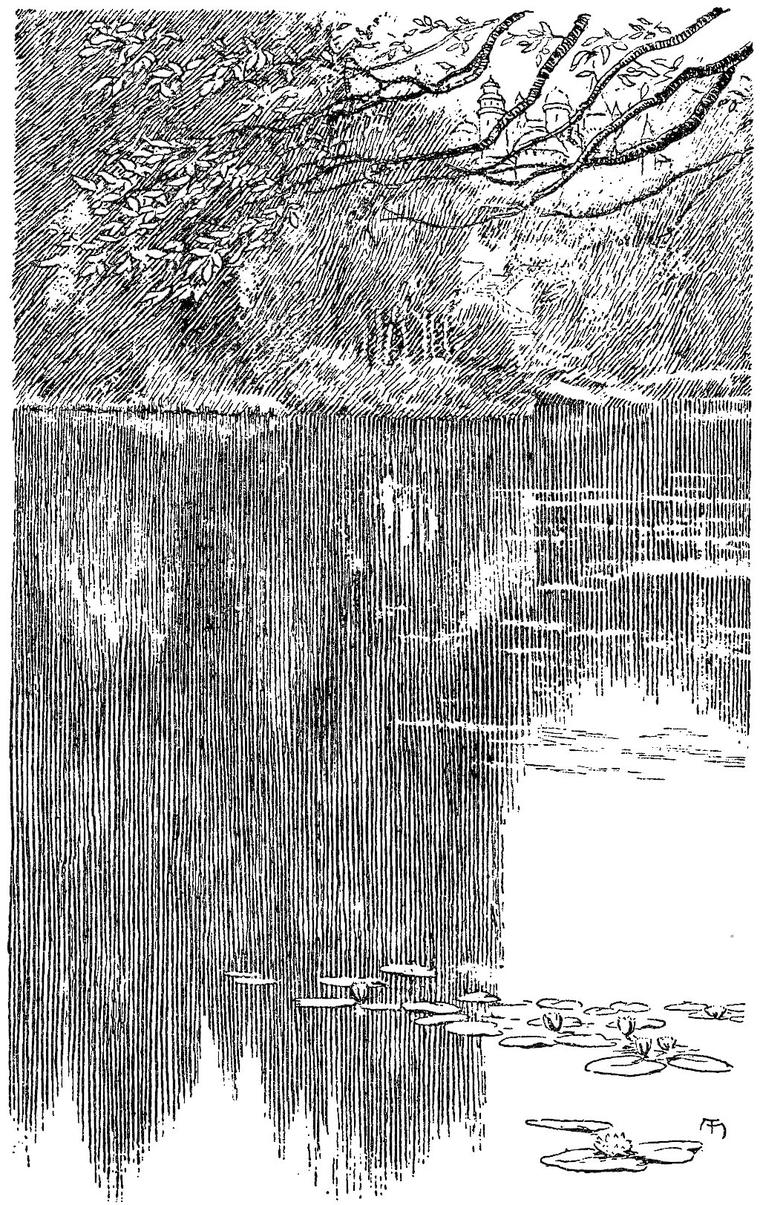 Overhanging branches and the towers of the fairy palace are mirrored in still water, with water-lilies in the foreground.