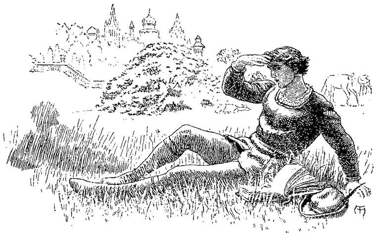 Anodos reclines in the grass, shading his eyes as he gazes toward the distant fairy palace, an open book and cap at his side.