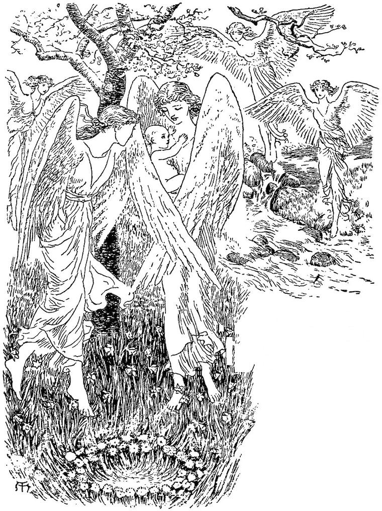 Winged women gather round a baby found in the grass, one cradling it in her arms, while others hover among the trees.