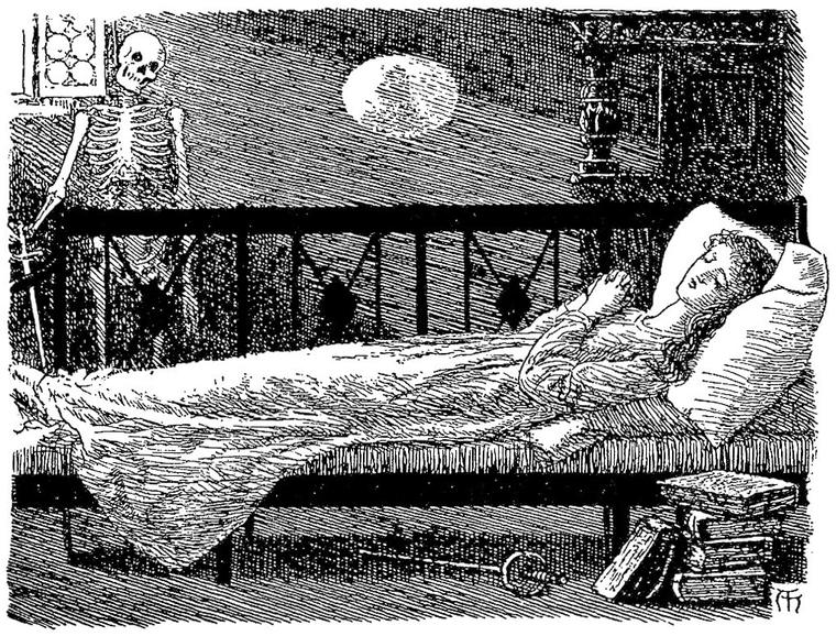 In Cosmo's mirror, a lady in white lies on a couch with closed eyes and clasped hands, a skeleton standing at its far end.