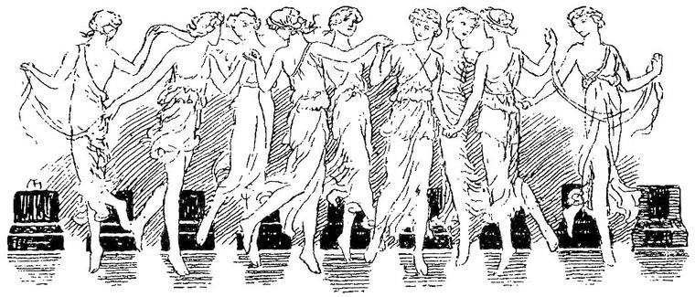 A row of young women in flowing classical gowns dance with linked hands in front of a line of dark pedestals.