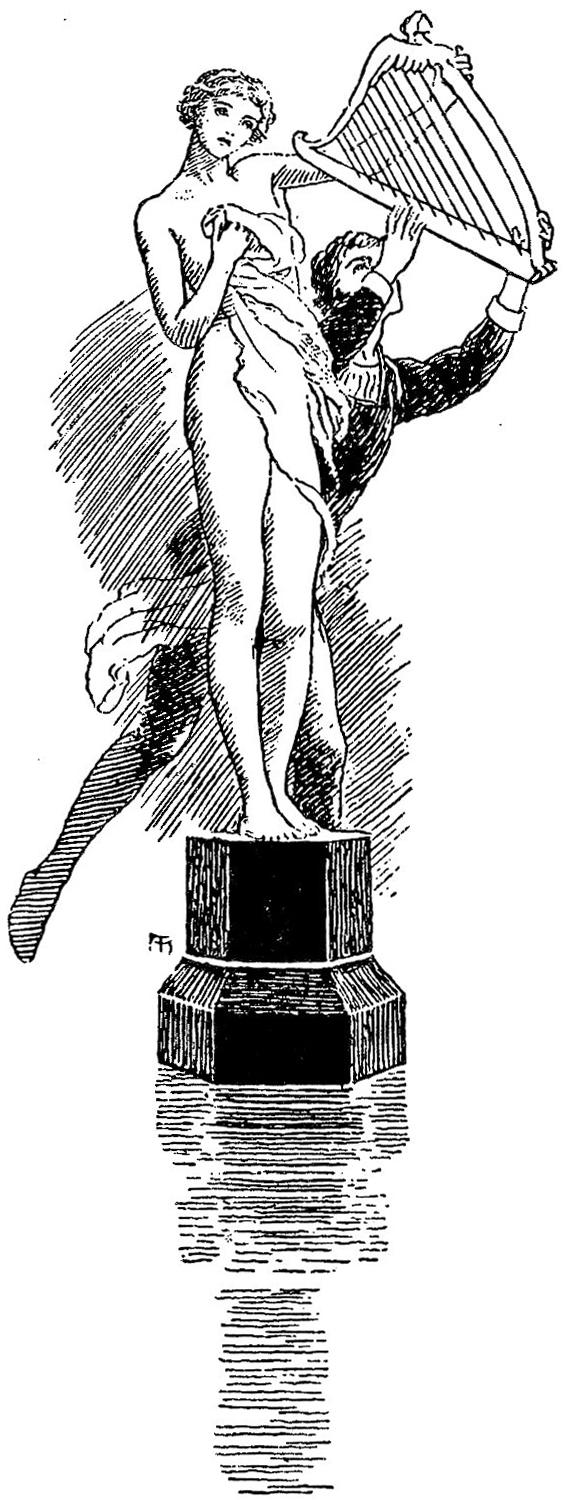 Behind a marble statue of a woman on a black pedestal, Anodos lifts a harp from her grasp.
