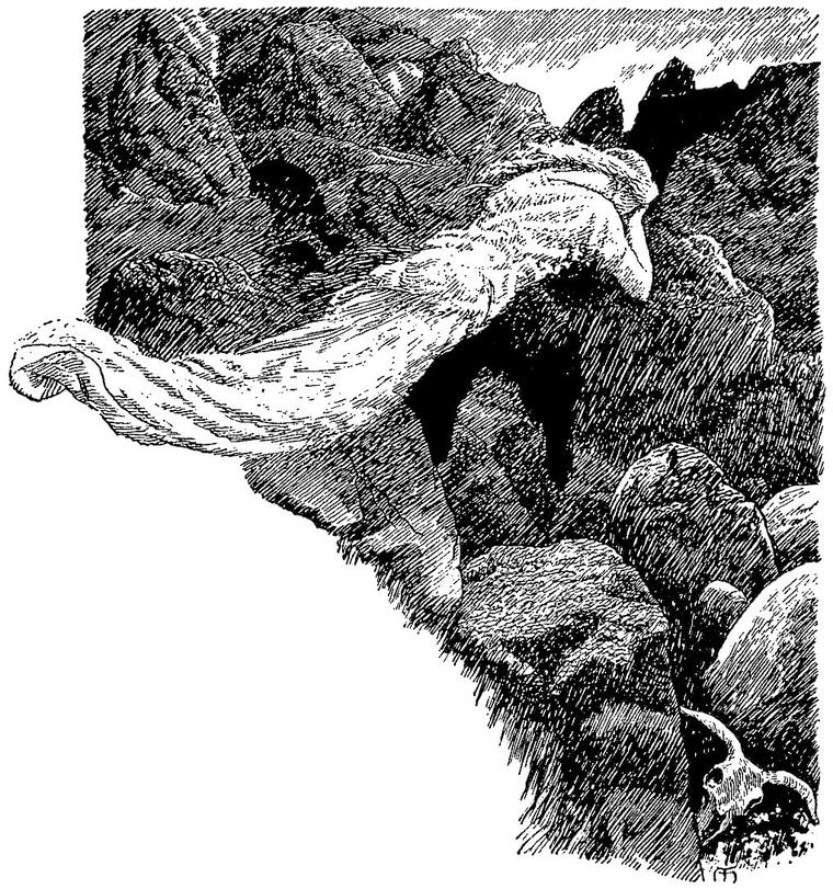 The white lady darts between great rocks on a bleak hillside, her long robe streaming behind her; an animal skull lies at lower right.