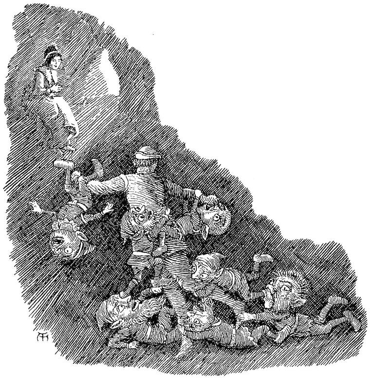 Anodos stands gripped by a writhing heap of grinning goblins, one upside down, while a woman looks on from above.