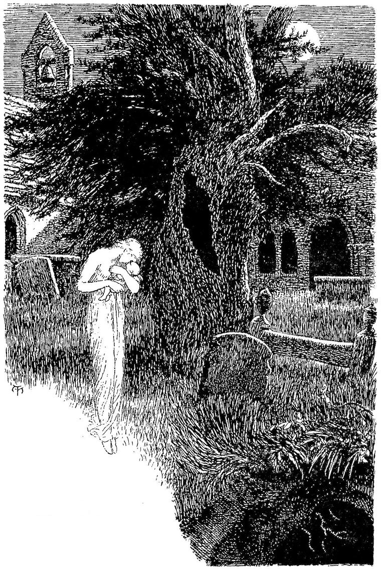 The ghost-lady of the ballad, in a long white gown, walks among gravestones under an old yew, bowed over the baby in her arms.
