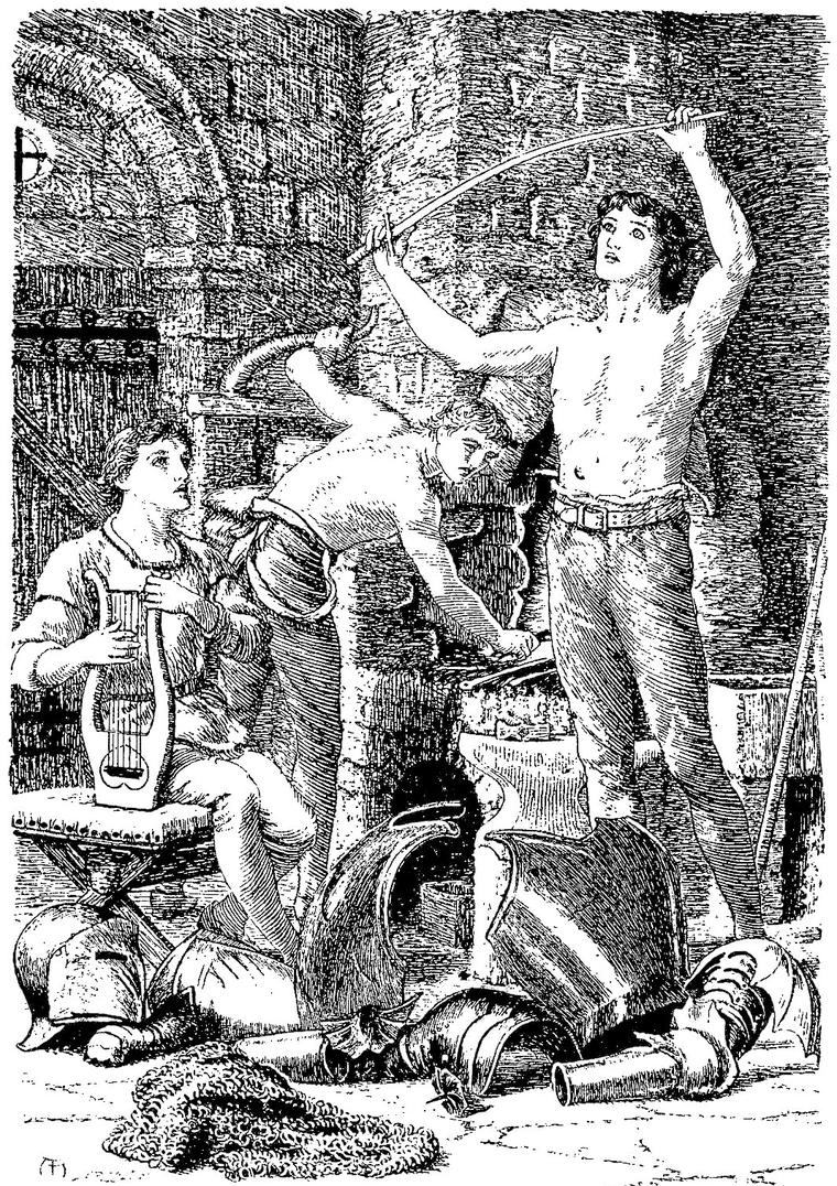 Anodos sits with a lyre in a stone forge while the two brothers work, one flexing a long blade overhead, the other at the anvil.
