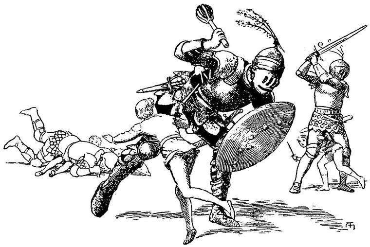 A giant in plate armour raises his mace over a small, lightly clad fighter, while other armoured figures fight or lie fallen nearby.
