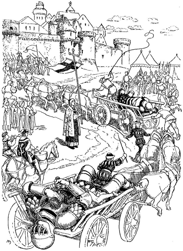 Wagons carrying armoured bodies reach the king's walled city in a solemn procession, a robed priest bearing a tall cross at the centre.
