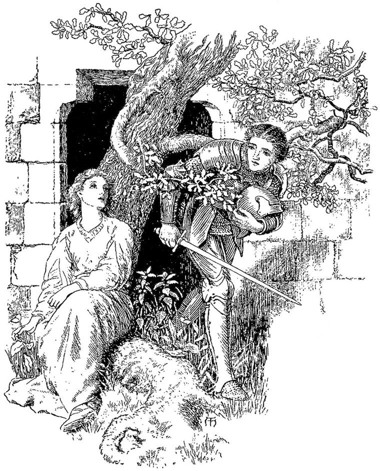 Anodos, armoured, sword in hand, squeezes from the tower past a tree beside the seated woman of the globe; a shaggy animal lies nearby.