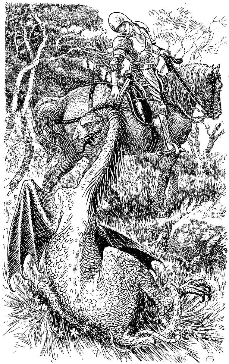 Sir Percivale rides through a wood, a great winged dragon trailing from his saddle by its long neck, its head hanging at the horse's side.