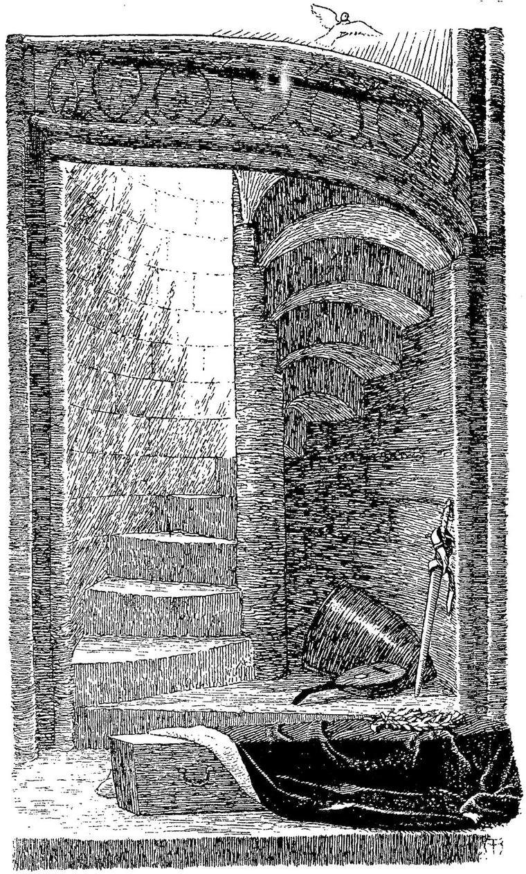 A coffin and a black pall lie in a doorway by a spiral stair, with a helmet, lute and sword nearby and a dove above.