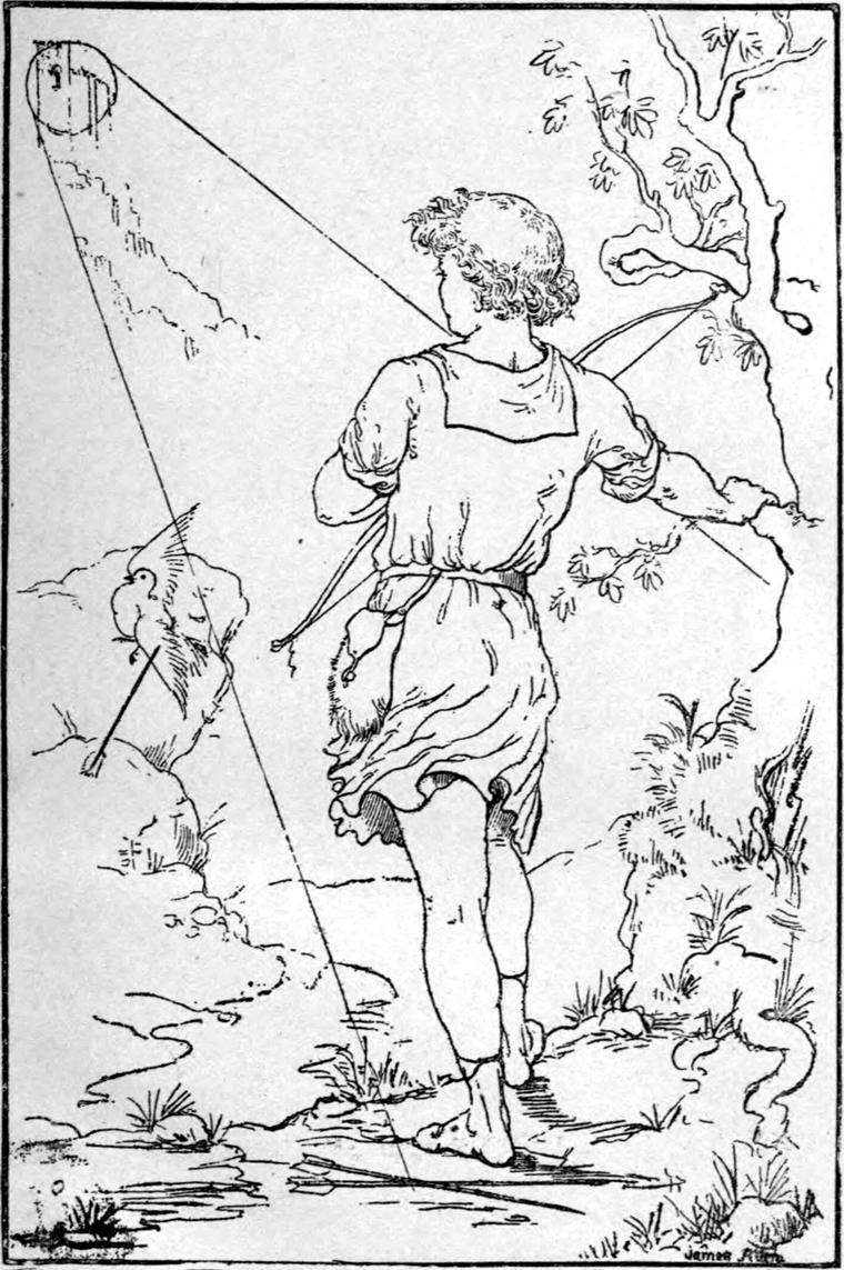 On a sunlit hillside Curdie, bow in hand, looks down as the white pigeon he has shot falls on the path.
