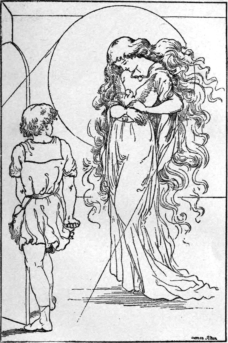 Curdie stands before the tall lady with streaming hair as she holds the wounded pigeon to her breast, a great moon behind her.