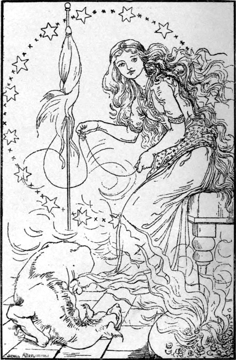 Irene's great-great-grandmother, young and lovely, spins in a ring of stars, while the ugly beast Lina crouches by a fire of roses at her feet.