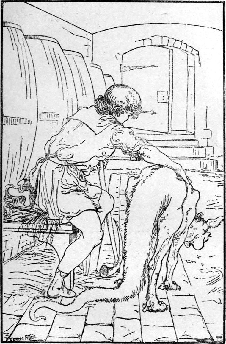 In the king's wine cellar, Curdie stoops beside the long-tailed beast Lina among the great casks.