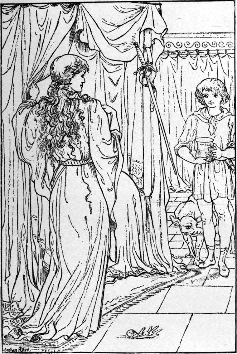 Irene stands by the bed curtains as Curdie comes in carrying wine for the king, Lina at his heels.