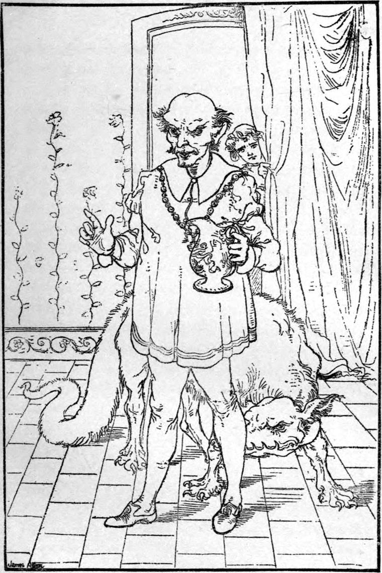 A bald, scowling man in a long gown, cup in hand, stands in a doorway as Lina rears up behind him.