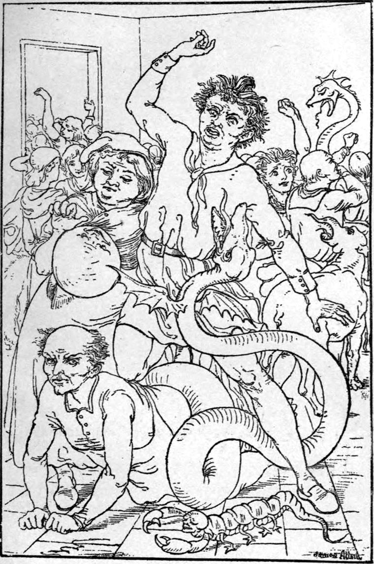 Curdie's strange beasts burst in among the courtiers, who scatter and tumble over one another in terror.