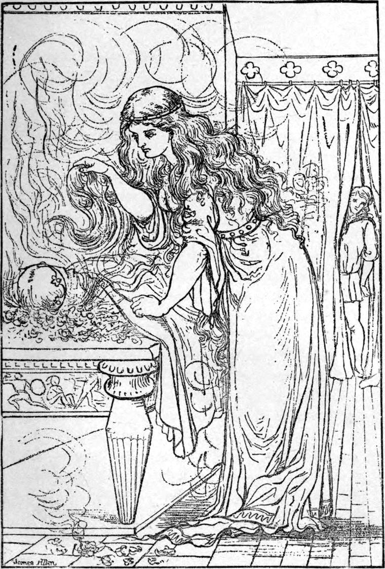 The great-great-grandmother bends over the fire of roses on a marble table, where the king lies.