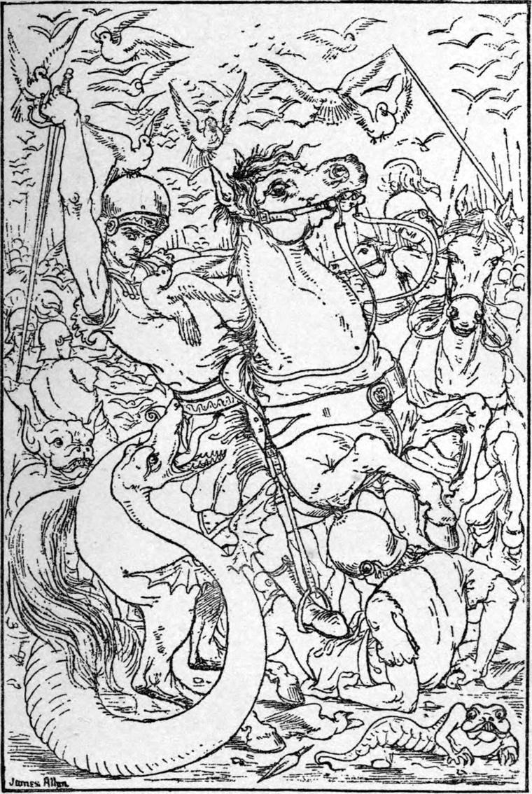 The king on a rearing horse leads the charge, with Curdie and the strange beasts fighting round him.