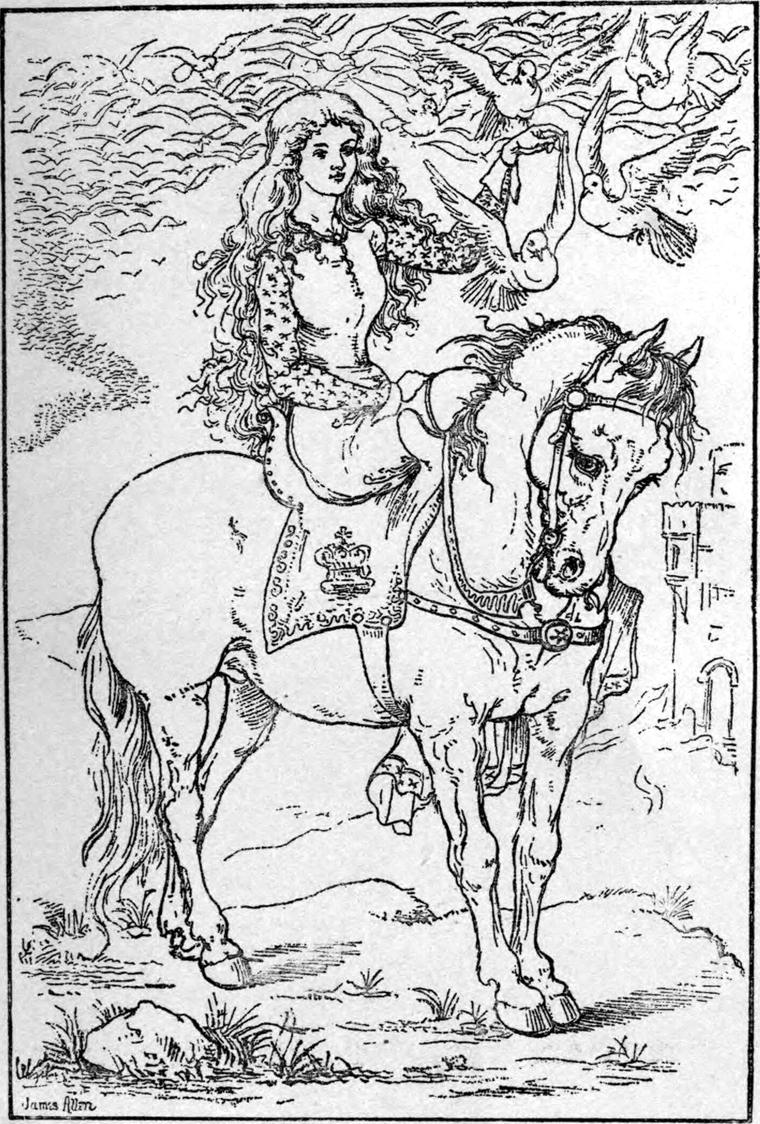 The great-great-grandmother, on a white horse, flings out her arm as a cloud of pigeons flies against the enemy.