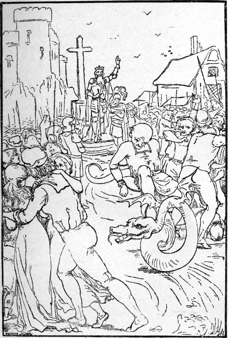 In the square before the castle, the beasts drag away the lord chamberlain, bound to one of them, as the crowd flees.
