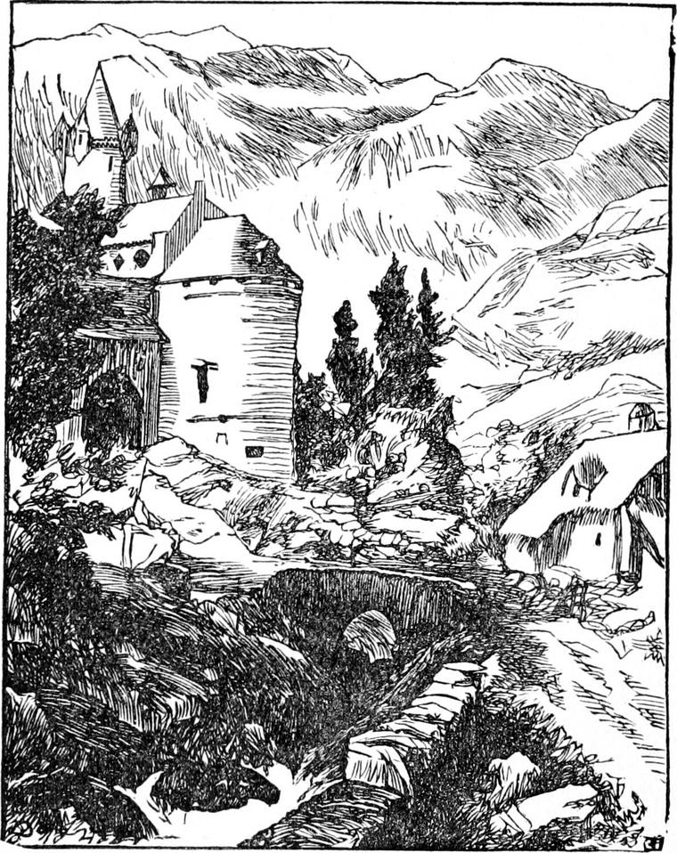 Irene's home, half castle and half farmhouse, stands on a steep mountainside above a stream and a small stone bridge, with high peaks behind.