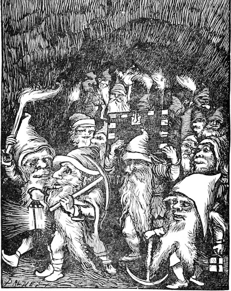 Bearded goblins in pointed caps crowd a dark cave by torch and lantern light, some carrying pickaxes, others bearing a large boxlike load.