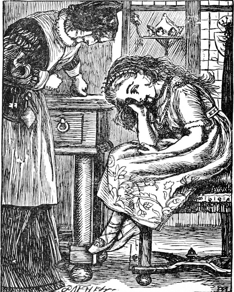 Irene slumps in her chair with her chin on her hand, bored and miserable, while her nurse leans on the table beside her.