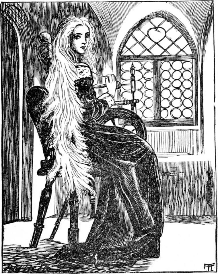 Irene's great-great-grandmother, her long white hair streaming down, sits at her spinning wheel beside a latticed window.
