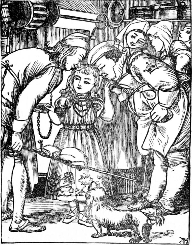 Irene stands in the kitchen as cooks and maids bend to look at her, one holding a roasting spit, a small dog at her feet.