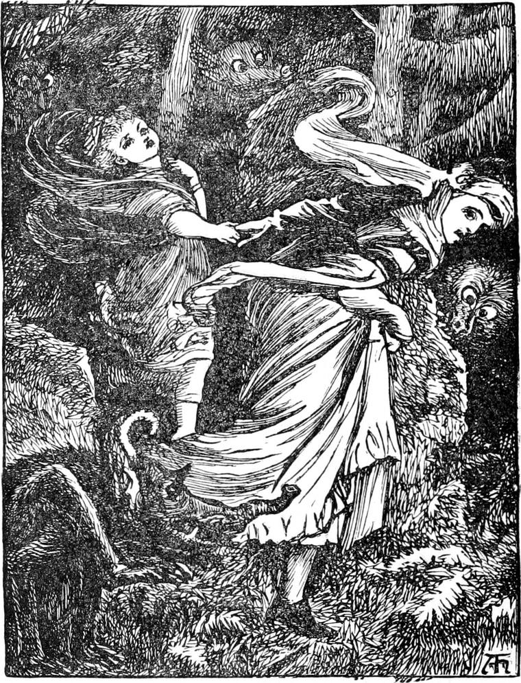 Lootie, her scarf blown back, hurries Irene along by the hand through a dark wood as misshapen goblin creatures peer from behind the trees.