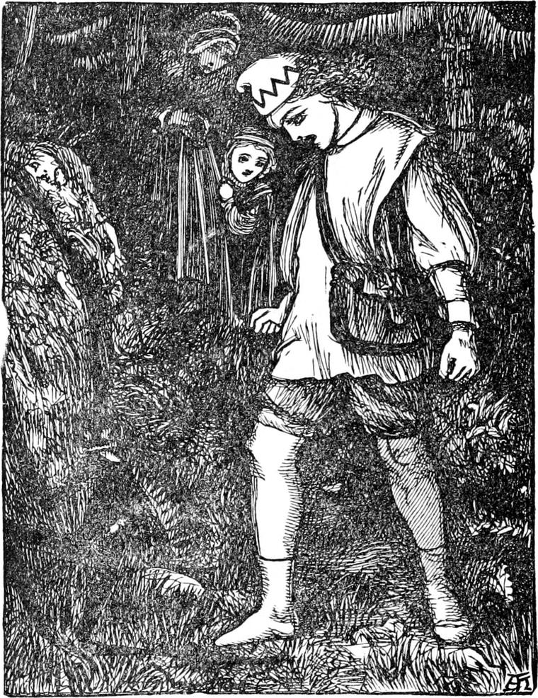 Curdie, in his zigzag-banded cap, faces a grotesque face in the rocky bank, while Irene and Lootie peer out from the shadows behind him.