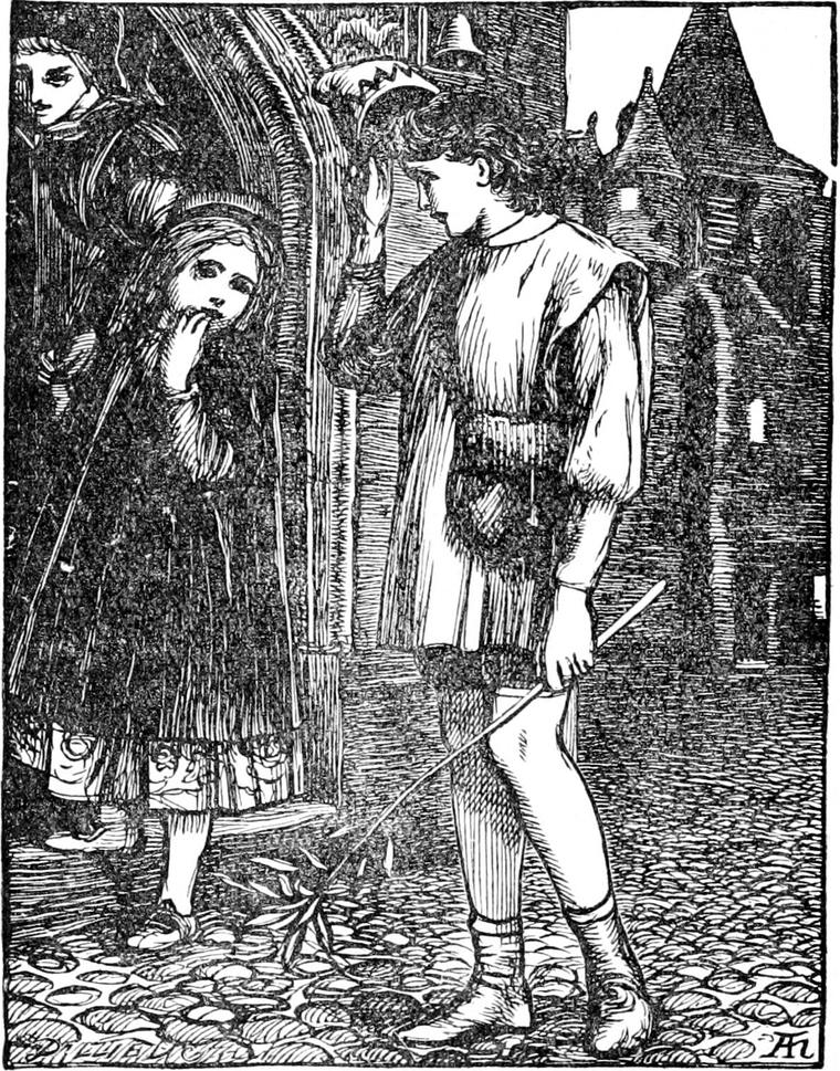 Curdie takes off his cap to Irene, who stands in a doorway with her fingers to her lips and Lootie behind her.