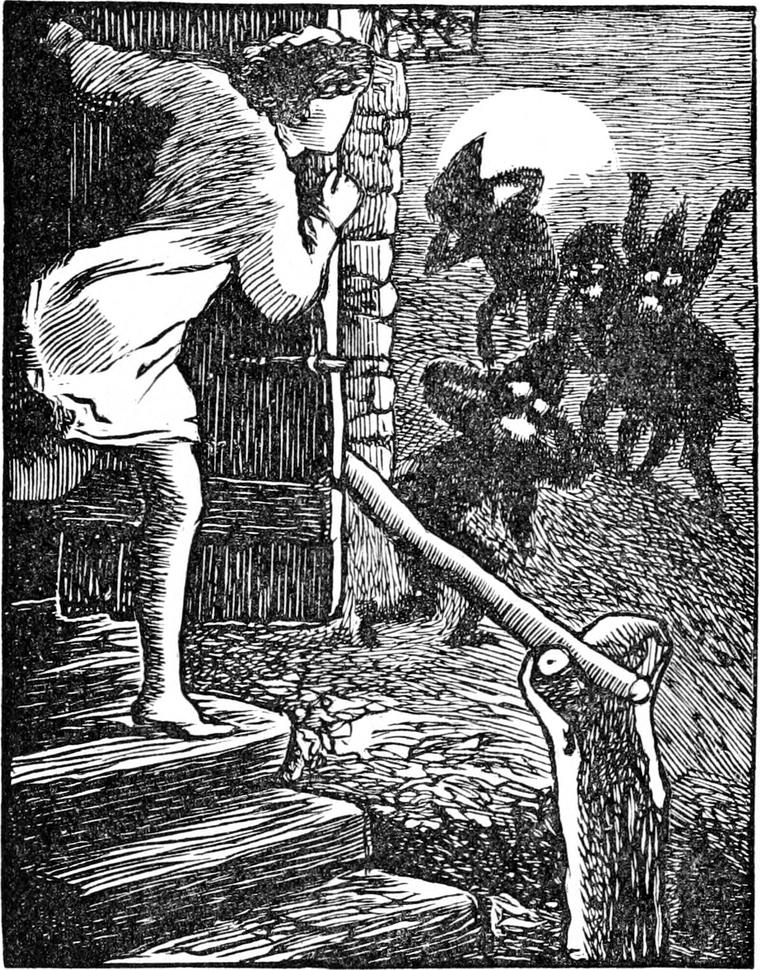Curdie, bare-legged in his nightshirt, peeps round the corner of his cottage at a band of stumpy goblin creatures gathered in the moonlight.