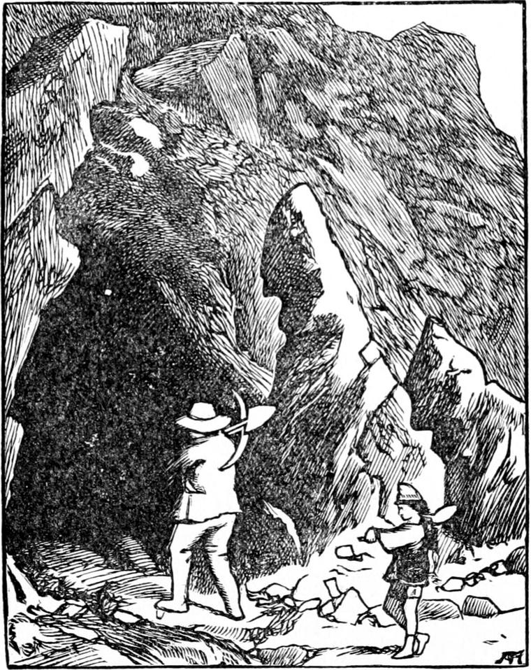 Curdie and his father stand before the dark opening under a huge rock where they enter the hill to reach their mine.