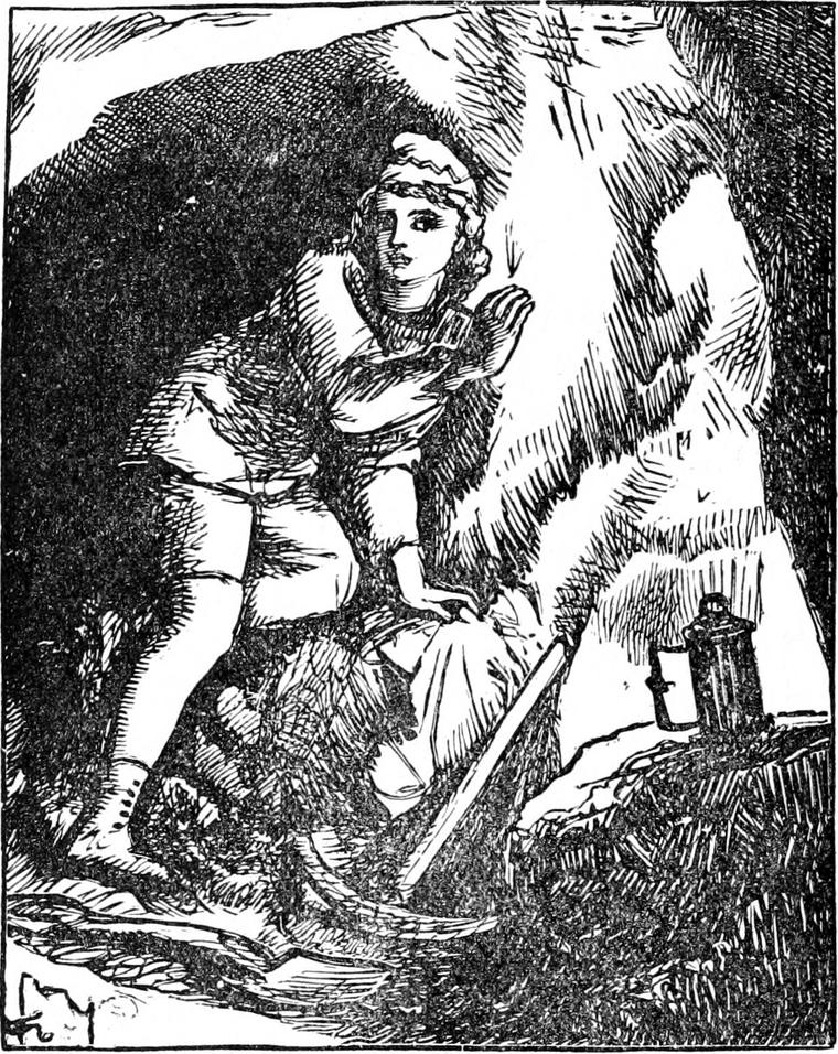 Alone in the mine, Curdie leans against the rock wall with one hand pressed to it, listening hard, his pickaxe and lamp beside him.