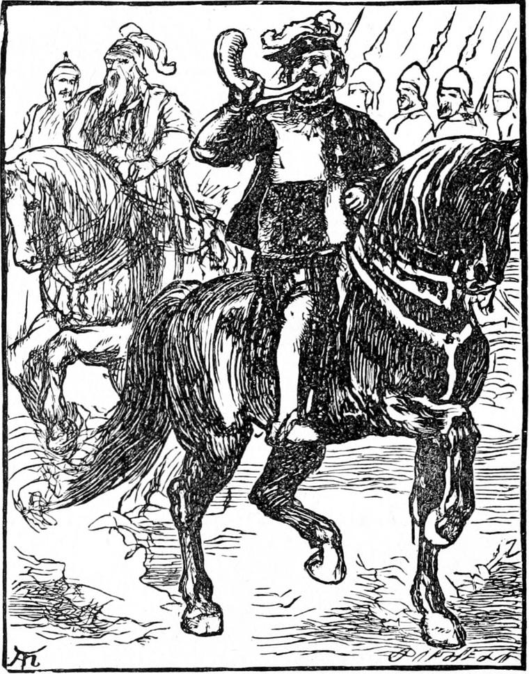 The king's bugler blows a long horn from his prancing horse, with a bearded rider and a line of helmeted soldiers behind him.