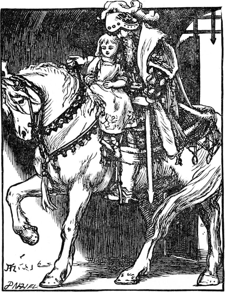 The king, tall and bearded in a plumed helmet, holds Irene in front of him on his white horse.